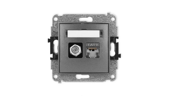 ICON Mechanizm gniazda antenowego poj. typu F (SAT) + gniazda komp. poj. 1xRJ45, kat. 6 ekranowane, 8-stykowy grafitowy 11IGFK-5