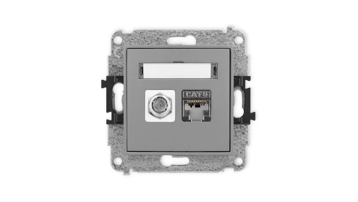 ICON Mechanizm gniazda antenowego poj. typu F (SAT) + gniazda komp. poj. 1xRJ45, kat. 6 ekranowane, 8-stykowy szary mat 27IGFK-5