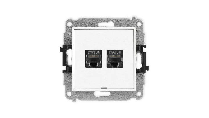 ICON Mechanizm gniazda komputerowego podwójnego 2xRJ45, kat. 8, ekranowane, 8-stykowy, bez pola opisowego biały mat 25IGKBO-12