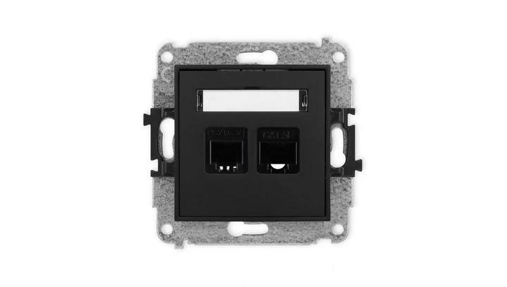 ICON Mechanizm gniazda telefonicznego poj. 1xRJ11 + komputerowego poj. 1xRJ45, kat. 5e, 8-styk, beznarzędziowe czarny mat 12IGTK