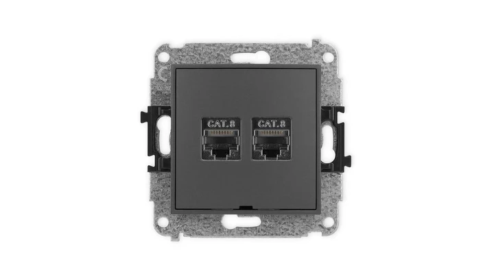 ICON Mechanizm gniazda komputerowego podwójnego 2xRJ45, kat. 8, ekranowane, 8-styk, bez pola opisowego grafitowy mat 28IGKBO-12