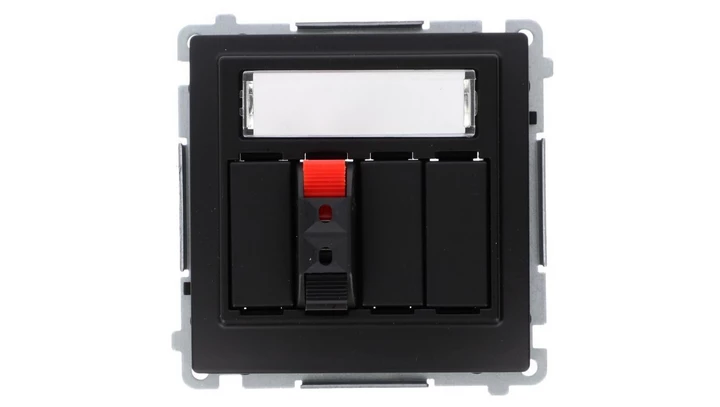 Simon Basic Gniazdo głośnikowe 1-krotne z polem opis. (moduł) Przekrój przew.dla wejścia i wyjścia 2,5 mm2 czarny BMGL31.01/49