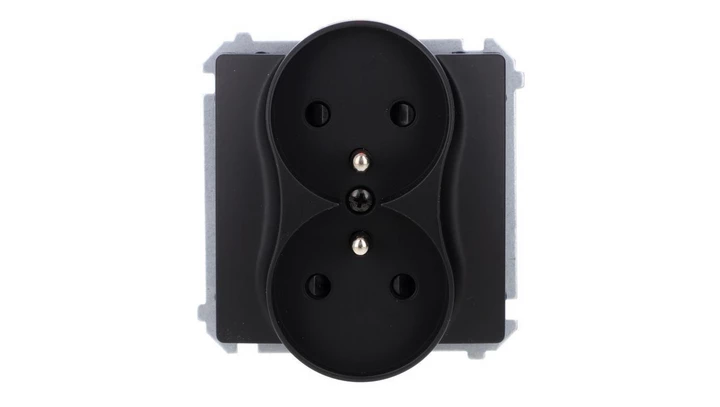 Simon Basic Gniazdo wtyczkowe podwójne z uziemieniem (moduł), z przesł. torów prądowych, zaciski śrubowe czarny BMGZ2MZ.01/49