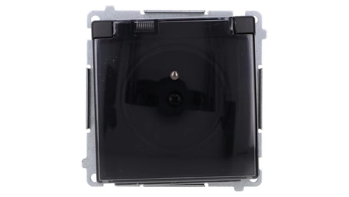 Simon Basic Gniazdo wtyczkowe z uziemieniem, IP44 (moduł) 16A, 250V, zaciski śrubowe klapka transp. czarny BMGZ1B.01/49A