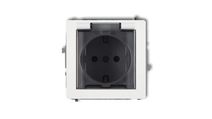 DECO Mechanizm gniazda bryzgoszczelnego z uziemieniem SCHUKO 2P+Z (klapka dymna, przesłony torów prądowych), biały mat 25DGPB-1s