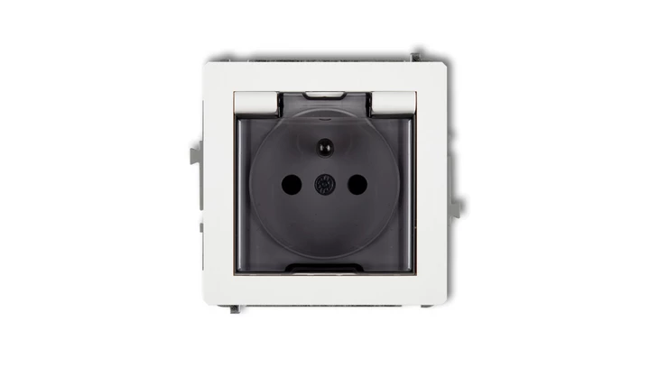 DECO Mechanizm gniazda bryzgoszczelnego z uziemieniem 2P+Z (klapka dymna, przesłony torów prądowych), biały mat 25DGPB-1zdp