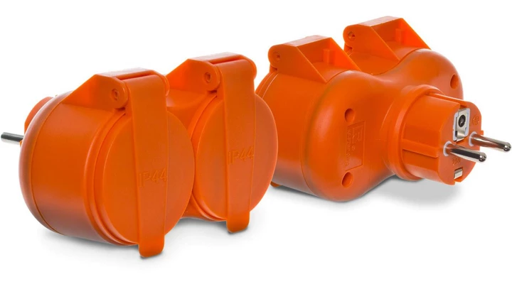 Rozgałęźnik wtyczkowy, podwójny 2x2P+Z, IP44, pomarańczowy 34044