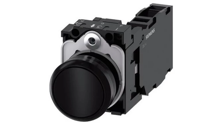 Przycisk, 22 mm, okrągły, plastikowy, czarny, przycisk, płaski, zestyk chwilowy, z uchwytem 1 NO + 1 NC 3SU1100-0AB10-1FA0