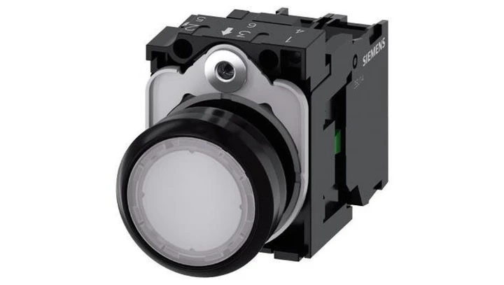 Przycisk podświetlany 22mm kompletny biały płaski powrotny tworzywo płaski 1Z LED 24V AC_DC przył śrubowe 3SU1102-0AB30-3FA0