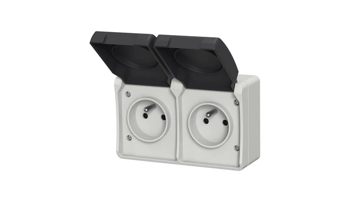 Gniazdo podwójne z uziemieniem natynkowe z klapką Aqua Plus IP54 szaro grafitowe 40115