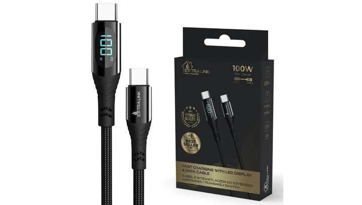 Kabel USB-C 100W, 200cm Extralink Smart Life USB Type-C to Type-C Cable Braided Czarny z wyświetlaczem LED