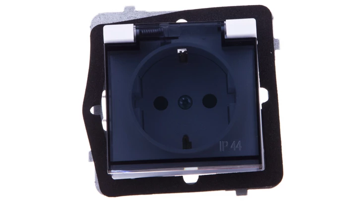SONATA Gniazdo bryzgoszczelne z uziemieniem schuko IP-44 z przesłonami torów prądowych wieczko przezroczyste biały mat GPH-1RSP/