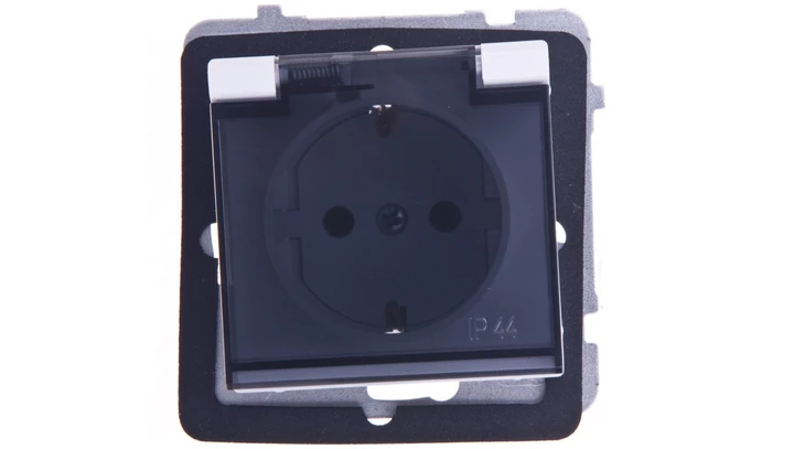 SONATA Gniazdo bryzgoszczelne z uziemieniem schuko IP-44 wieczko przezroczyste biały mat GPH-1RS/m/75/d