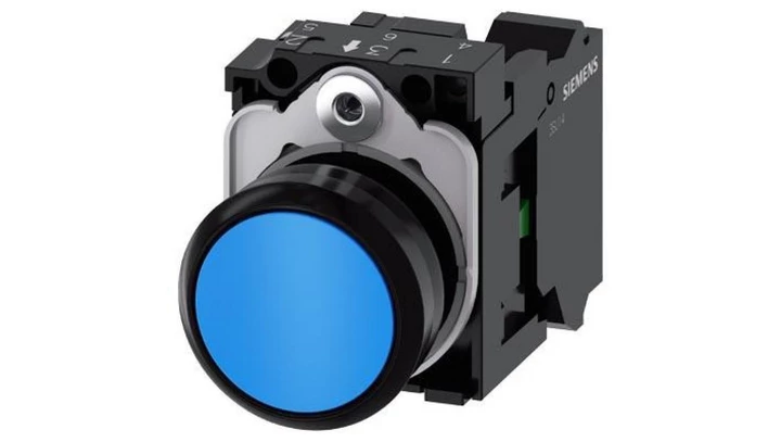 SIRIUS ACT, PRZYCISK, 22MM, OKRĄGŁY, TWORZYWO, NIEBIESKI, PŁASKI, Z SAMOPOWROTEM, Z UCHWYTEM 1NO, PRZYŁ. SPRĘŻ3SU1100-0AB50-3BA0