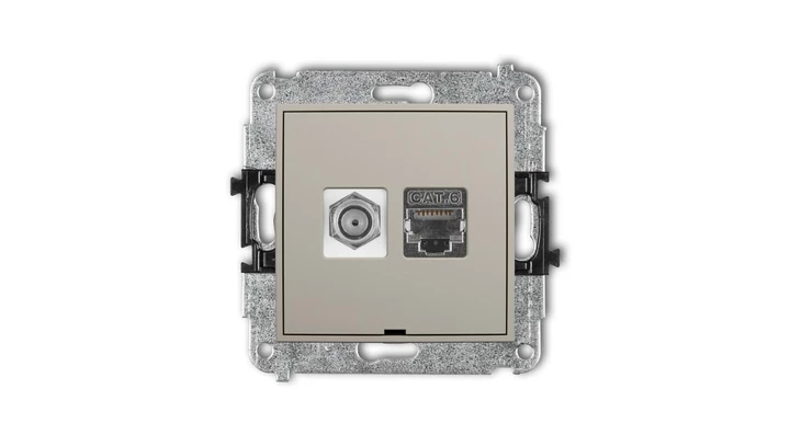 MINI Mechanizm gniazda antenowego F (SAT) + gniazda komp. 1xRJ45, kat. 6 ekranowany, 8-stykowy, bez opisu taupe 60MGFKBO-5