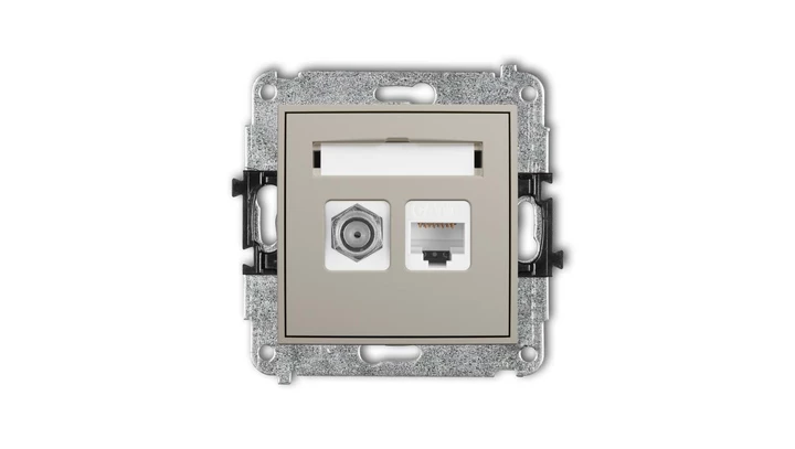 MINI Mechanizm gniazda antenowego poj. typu F (SAT) + gniazda komp. poj. 1xRJ45, kat. 6, 8-stykowy taupe 60MGFK-3