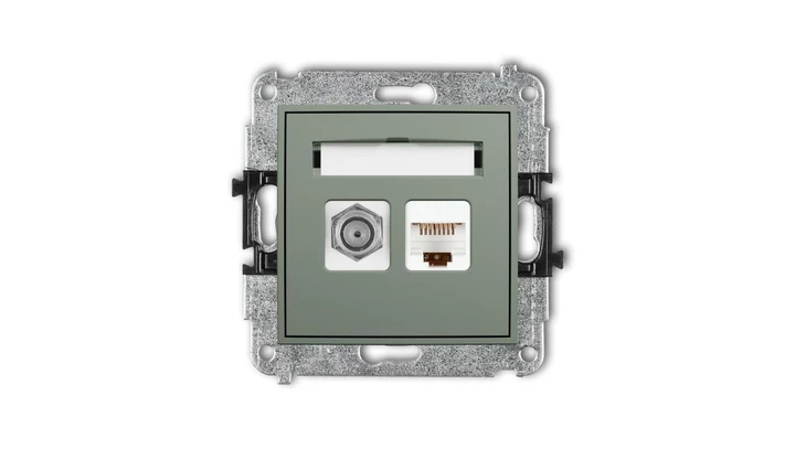 MINI Mechanizm gniazda antenowego poj. typu F (SAT) + gniazda komp. poj. 1xRJ45, kat. 5e, 8-stykowy szałwiowy 61MGFK-1