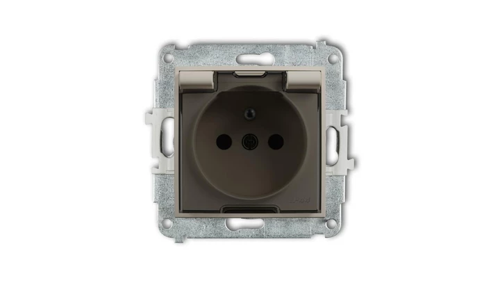 MINI Mechanizm gniazda bryzgoszczelnego z uziemieniem 2P+Z (klapka dymna, przesłony torów prądowych) taupe 60MGPB-1zdp