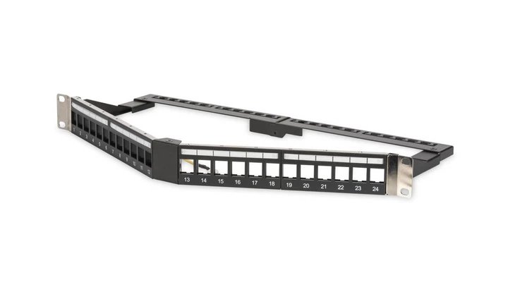 Panel krosowy kątowy 19 24x keystone, ekranowany,1U, czarny, prowadnica kabli, pola opisowe DN-91414S