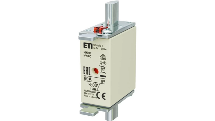 Bezpiecznik nożowy Wkładka topikowa, przemysłowa zwłoczna KOMBI NH000, NH00C gG/gL 80A 500V ETI POLAM