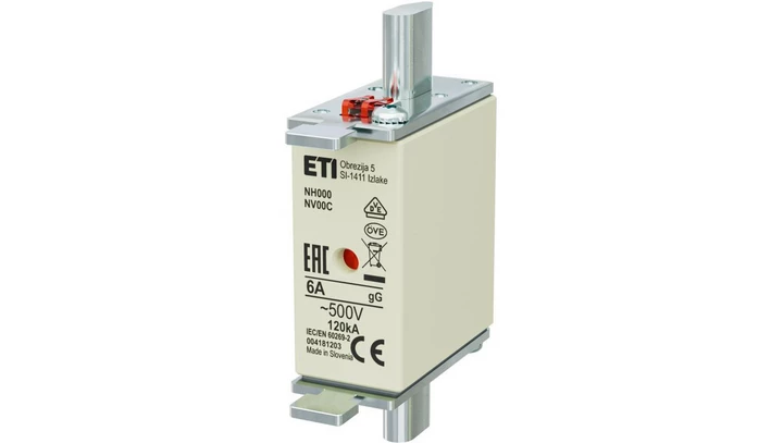 Bezpiecznik nożowy Wkładka topikowa, przemysłowa zwłoczna KOMBI NH000, NH000C gG/gL 6A 500V ETI POLAM
