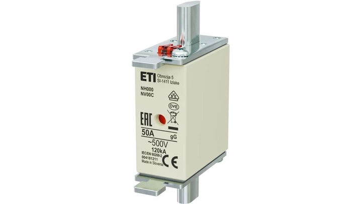 Bezpiecznik nożowy Wkładka topikowa, przemysłowa zwłoczna KOMBI NH000, NH00C gG/gL 50A 500V ETI POLAM