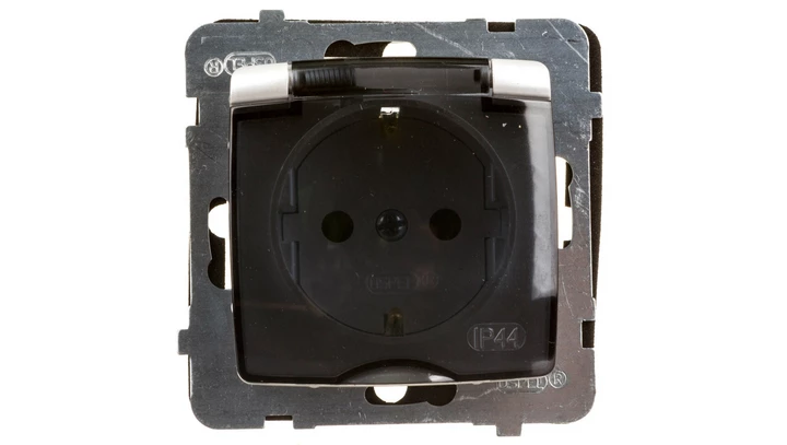 KARO Gniazdo bryzgoszczelne z/u Schuko IP44 z przesłonami klapka przezroczysta srebrny perłowy GPH-1SSP/m/43/d