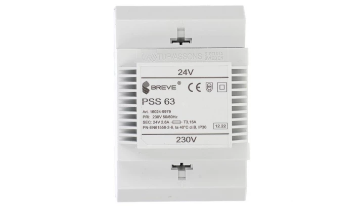 Transformator 1-fazowy modułowy bezpieczeństwa PSS 63 230/ 24V 2,6A, na szynę DIN, IP30, Ta 40, 16024-9979