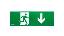Piktogram PM27 100x300 człowiek w drzwiach strzałka dół logo awex (ISO7010)