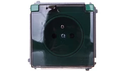 Simon Basic Gniazdo bryzgoszczelne z/u IP44 z przesłoną torów i klapką dymną zielone BMGZ1Bz.01/33a