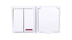 FALA Łącznik hermetyczny świecznikowy z podświetleniem + gniazdo z/u z klapką biały ZH-Ł2SG/00/w