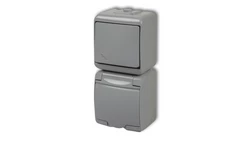 JUNIOR Łącznik schodowy + gniazdo hermetyczne (klapka popielata) popielaty 10WGHP-3p