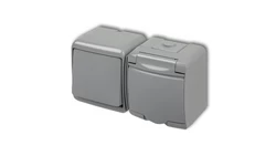 JUNIOR Łącznik jednobiegunowy + gniazdo hermetyczne (klapka popielata) popielaty 10WGHH-1p