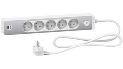 Odace Przedłużacz 5 gniazdowy z łącznikiem 2x USB, 1,5m biały+szczotkowane aluminium ST935U1WA