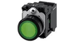 Przycisk okrągły podświetlany, 22 mm, plastik, zielony, przycisk, płaski, ze stykiem chwilowym, z uchwytem, 3SU1102-0AB40-3BA0