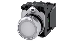 Przycisk 22 mm, round, metal, shiny, white, pushbutton, flat, momentary contact type, with holder, 1 NO, LED modu