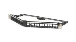 Panel krosowy kątowy 19 24x keystone, ekranowany,1U, czarny, prowadnica kabli, pola opisowe DN-91414S